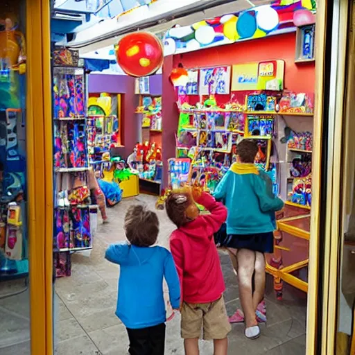 Image similar to kids peeking through a toy store's window from outside