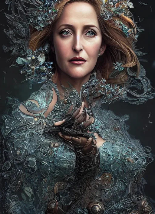 Image similar to full length, Gillian Anderson, beautiful, fantasy, intricate, elegant, highly detailed, digital painting, artstation, concept art, smooth, sharp focus, illustration, art by artgerm and Huang Guangjian