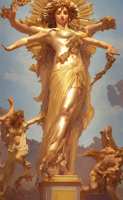 Image similar to statue of the goddess of the sun helios with four arms descending from olympus, artstation, concept art, smooth, sharp focus, illustration, art by artgerm and greg rutkowski and alphonse mucha and william adolphe bouguereau and john william waterhouse