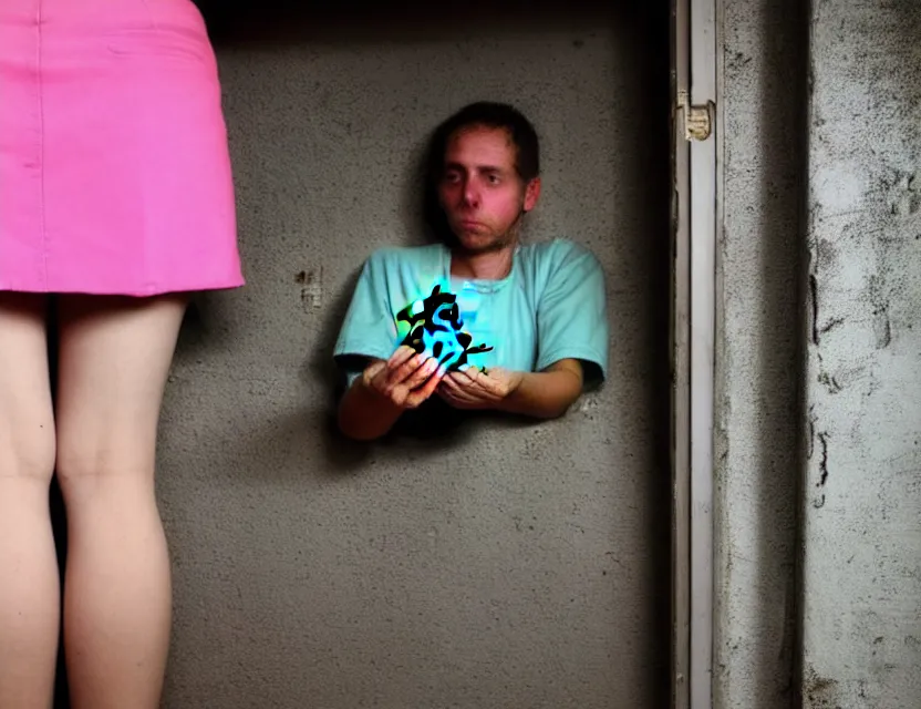 Prompt: a man in a short pink skirt, holds cannabis in hand, in jail, dirty room, bars on the windows