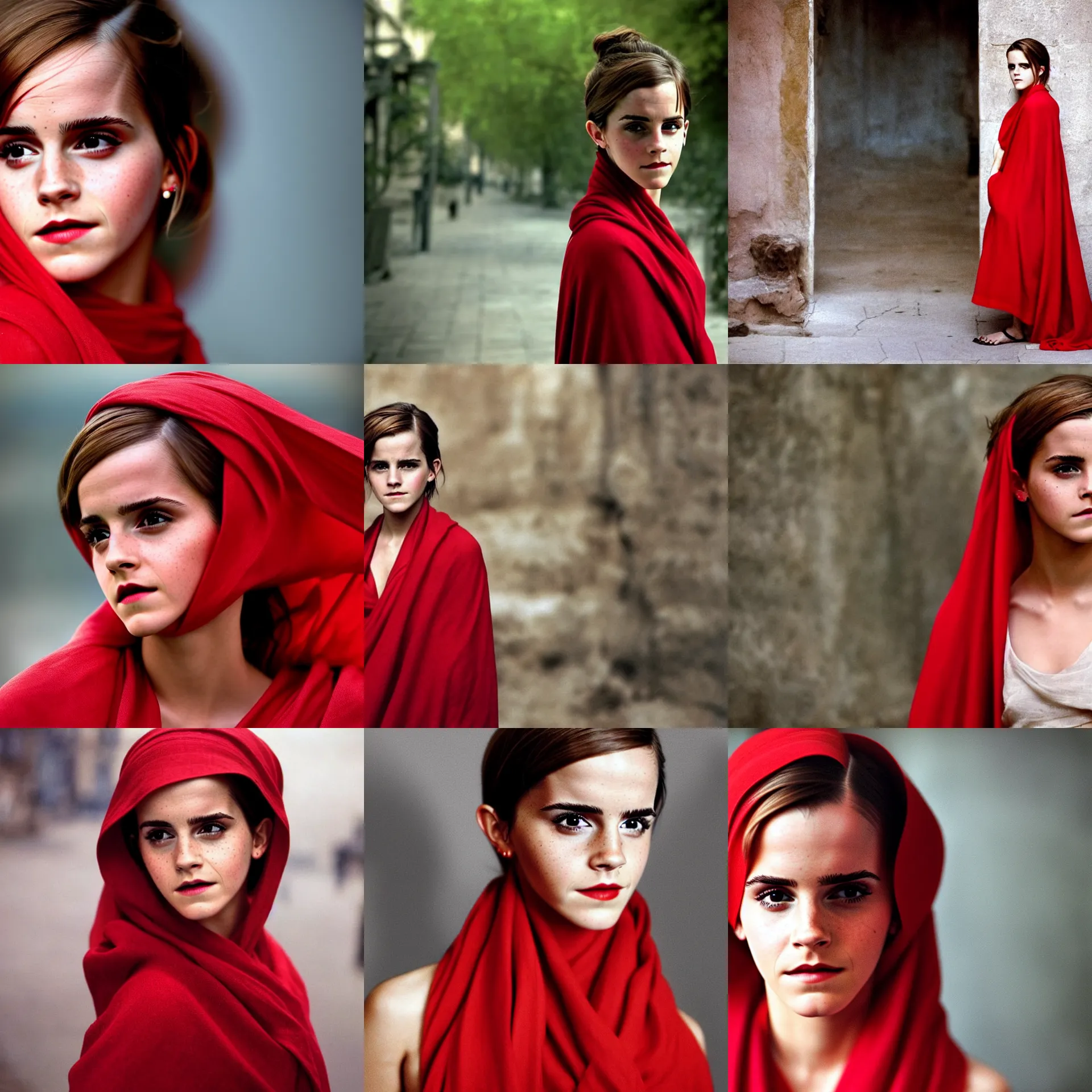 Prompt: emma watson in a red shawl looking intently at the camera, a colorized photo by steve mccurry, featured on cg society, hyperrealism, associated press photo, provia, wide lens