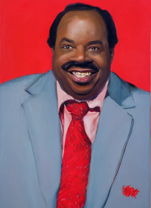 Image similar to ( ( ( portrait of leslie david baker as stanley hudson of the office television series ) ) ) a painting by igor kazarin, head to waist, light coming from the right side, red background,