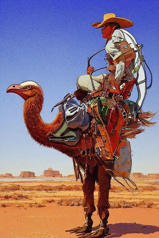 Prompt: cowboy sitting on giant emu bird with backpack, scifi, art by jean giraud, moebius, juan gimenez, greg manchess, in watercolor gouache detailed paintings, in style of syd mead, colorful comics style, artstation