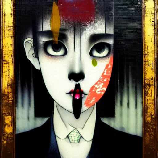 Image similar to yoshitaka amano blurred and dreamy realistic three quarter angle portrait of a young woman with black lipstick and black eyes wearing office suit with tie, junji ito abstract patterns in the background, satoshi kon anime, noisy film grain effect, highly detailed, renaissance oil painting, weird portrait angle, blurred lost edges