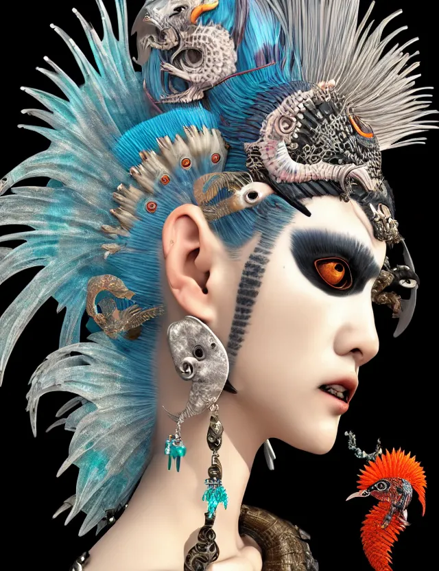 Image similar to 3 d goddess close - up profile portrait punk with mohawk with ram skull. beautiful intricately detailed japanese crow kitsune mask and clasical japanese kimono. betta fish, jellyfish phoenix, bio luminescent, plasma, ice, water, wind, creature, artwork by tooth wu and wlop and beeple and greg rutkowski