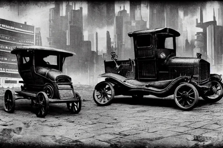 Image similar to cyberpunk 1 9 0 8 model ford t by paul lehr, metropolis, parked by view over city, vintage film photo, robotic, black and white photo