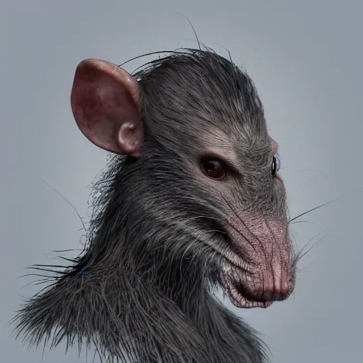 Image similar to humonoid rat man, grimy, portrait, 4 k, photorealistic, whiskers