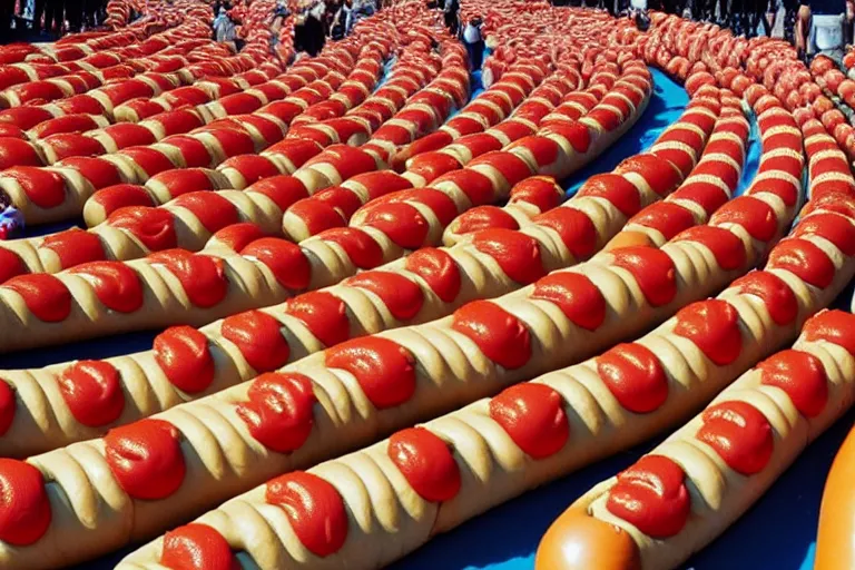 Image similar to a strangely coiled hotdog being grasped by thousands of hands