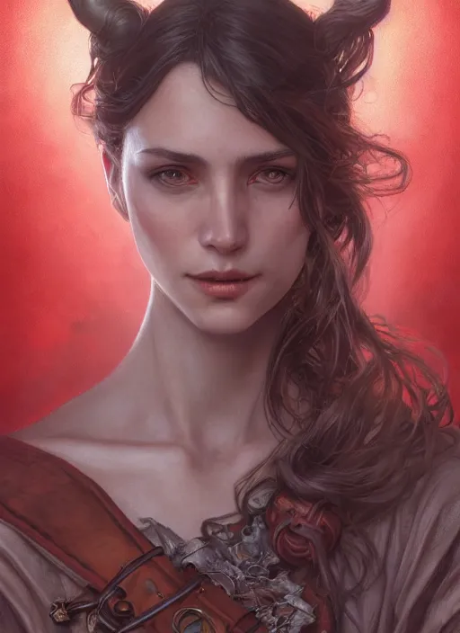 Image similar to portrait of a ruggedly handsome female cleric, soft hair, half body, leather, witchy, d & d, fantasy, intricate, elegant, highly detailed, digital painting, artstation, concept art, smooth, sharp focus, illustration, art by artgerm and greg rutkowski and alphonse mucha, plain red background
