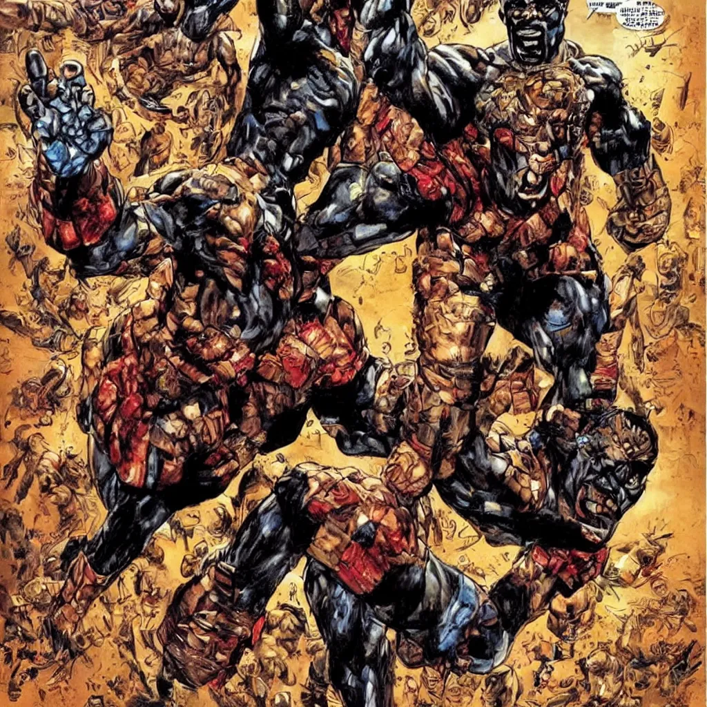 Image similar to big african superhero raising fist, art style simon bisley