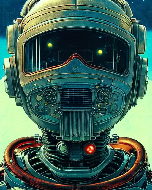 Image similar to robot, character portrait, portrait, close up, concept art, intricate details, highly detailed, vintage sci - fi poster, retro future, in the style of katsuhiro otomo, chris foss, rodger dean, moebius, michael whelan, and gustave dore