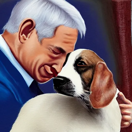 Image similar to benjamin netanyahu kissing a dog, photorealistic, detailed