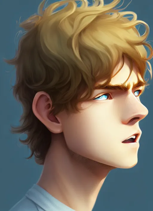 Image similar to young man with medium - length, curly, golden hair, perfectly proportioned face, aquamarine eyes, cry, natural lighting, path traced, highly detailed, high quality, cartoon, digital painting, by new haicheng and studio ghibli