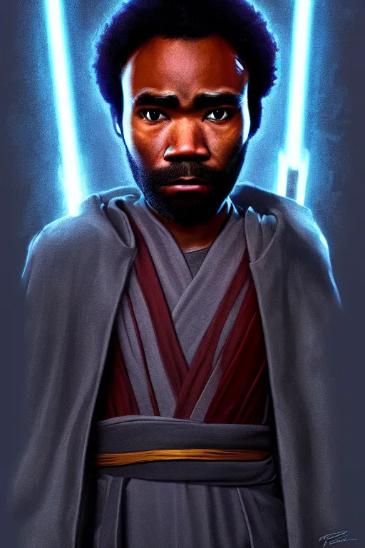 Prompt: Donald Glover as a Jedi from Star Wars, Naboo, realistic portrait, symmetrical, highly detailed, digital painting, artstation, concept art, smooth, sharp focus, cinematic lighting, art by Ralph McQuarry