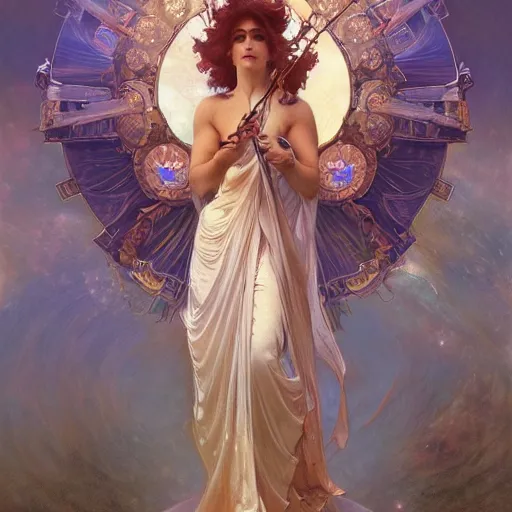 Image similar to a stunning dynamic pose full body of a celestial goddess of the ethereal cosmos, intricate, 8k highly professionally detailed, hdr, CGSociety, dark fantasy, dynamic lighting, cinematic, pristine, smooth, cosplay, elegant, sharp focus, art by alphonse mucha and greg rutkowski,