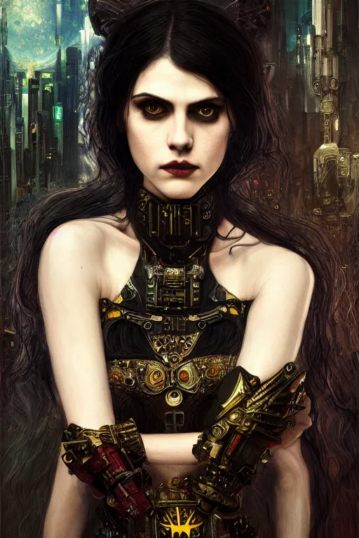 Image similar to portrait of beautiful gothic Alexandra Daddario, cyberpunk, Warhammer, highly detailed, artstation, illustration, art by Gustav Klimt