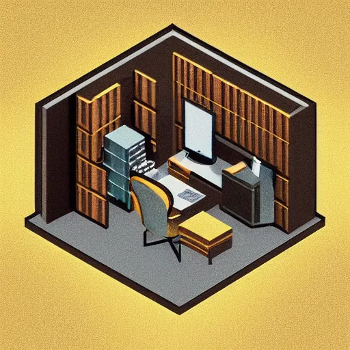 Prompt: isometric diorama box of a computer server bank room, gold, art deco, rust, worn, room full of computers