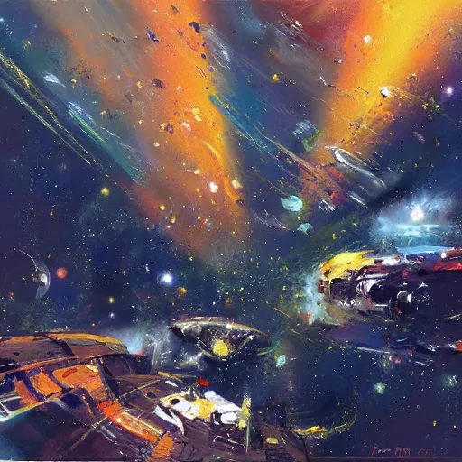 Prompt: space background warp, concept art oil painting, loosely detailed, brush hard by john berkey