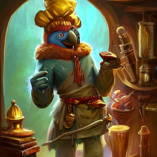 Image similar to Magic the gathering artwork of Anthropomorphized parrot shopkeeper in his fully stocked shop, shelves full, selling a gem, portrait, items, magic potions, carpet, window, fancy funny hat, sly expression , cunning expression, cute expression, presenting magic gem, D&D, fantasy, cinematic lighting, highly detailed, digital painting, artstation, concept art, smooth, sharp focus, illustration, warm light, cozy warm tint, magic the gathering artwork, volumetric lighting, 8k, no gold, no gold colours, art by Akihiko Yoshida and Greg Rutkowski