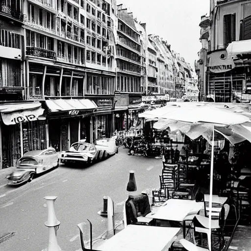 Prompt: une rue de paris vide avec des voitures garees, un restaurant avec une terrasse, des boutiques avec des neons, en debut de matinee en 1 9 7 0