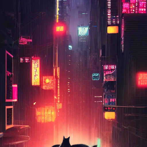 Prompt: a detailed matte painting of a black cat with led eyes, the cat is in a intricately detailed neo neon cyberpunk Japanese city, vibrant, by Ismail Inceoglu , concept art, featured on cgsociety