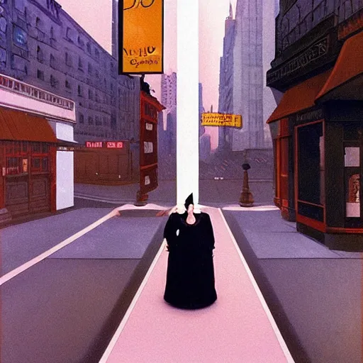 Image similar to a tall and beautiful pale woman with very black hair with a crown on her head walk in the streets of new york circa 1 9 8 4 edward hopper and james gilleard, surreal, open ceiling, highly detailed, airbrush, ilya kuvshinov, wlop, stanley artgerm, very coherent, art by takato yamamoto and james jean