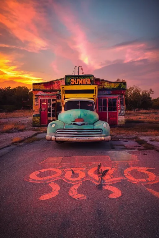 Image similar to a sunset light landscape with historical route 6 6, lots of sparkling details and sun ray ’ s, blinding backlight, smoke, volumetric lighting, colorful, octane, 3 5 mm, abandoned gas station, old rusty pickup - truck, beautiful epic colored reflections, very colorful heavenly, softlight