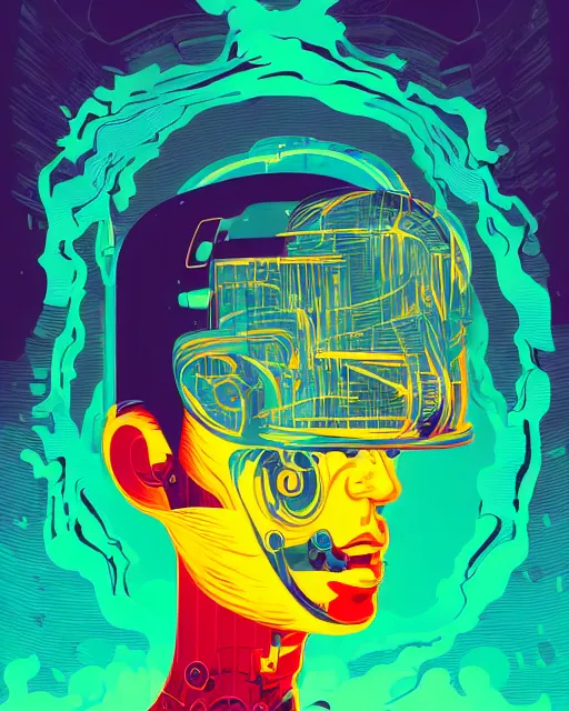 Prompt: robot cyborg head, portrait, artificial consciousness, delirium, chaotic storm of twisting liquid smoke, by tom whalen, dan mumford, liam brazier, peter mohrbacher, shattered glass, bubbly underwater scenery, radiant light