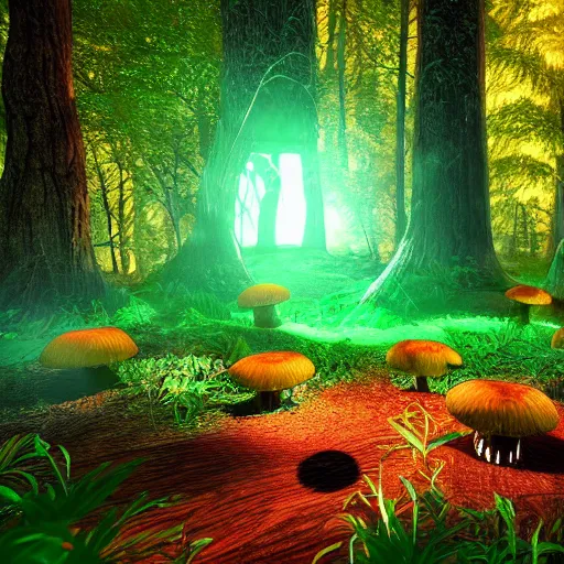 Prompt: glowing green jello mushrooms in a mystical forest, firefly trails, unreal engine
