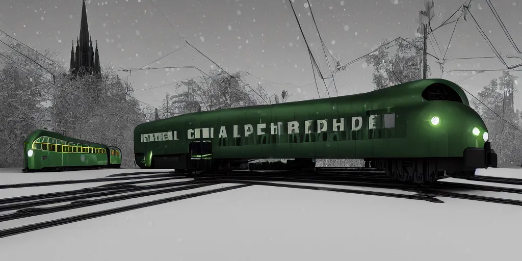 Image similar to hybrid of steel streamline retro train and gothic cathedral church, green locomotive lantern, streamline style, art Deco style, high details,Gothic style, octane render, 8k, artstation, diselpunk, snow