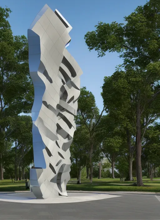 Image similar to highly detailed realistic architecture 3 d render of a futuristic stele monument in frank gehry style standing in city park, archdaily, made in unreal engine 4 octane render