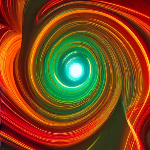 Prompt: moving swirls of hypnotic beauty surround the beating neon landscape of amber green teal, 4 k octane render