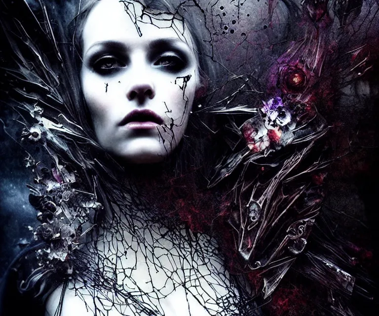 Image similar to stunning otherworldly gothic goddess of freewill, dark and mysterious, atmospheric, ominous, eerie, cinematic, epic, 8 k, ultra detail, ultra realistic, rendered by awesomeness. nights falling wind is blowwing snow is pilling concept art in style of carne griffiths artwork by xsullo. backround by elson, peter kemp, peter