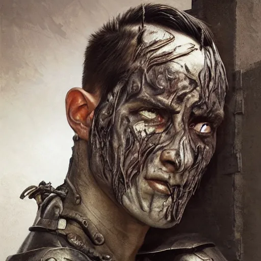 Image similar to portrait painting of a bitter young man with severe burn scars on his face and poorly cut very short hair wearing tattered leather armor, ultra realistic, concept art, intricate details, eerie, highly detailed, photorealistic, octane render, 8 k, unreal engine. art by artgerm and greg rutkowski and charlie bowater and magali villeneuve and alphonse mucha