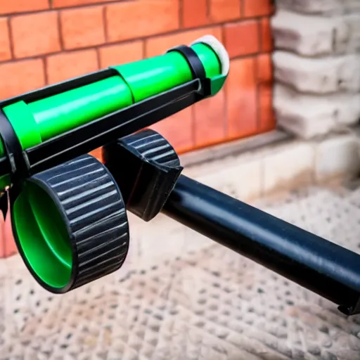 Image similar to a working rocket launcher that was 3 d printed using black and green filament. 8 5 mm lens, f 1. 8.