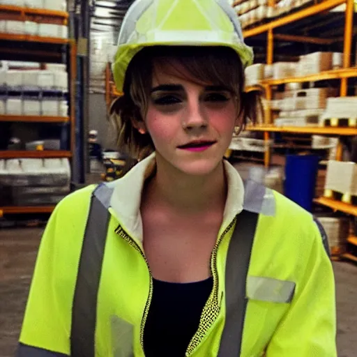 Image similar to photo, close up, emma watson in a hi vis vest, in warehouse, disposable camera,