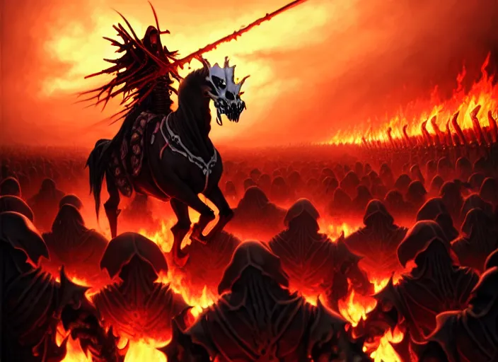 Prompt: ainz ooal gown leading his undead army to battle riding a flaming skeleton horse, skeleton soldiers in background, highly detailed, deep focus, elegant, artstation, digital painting, smooth, sharp focus, illustration, ultra realistic, 8 k, art by artgerm and greg rutkowski and alphonse mucha