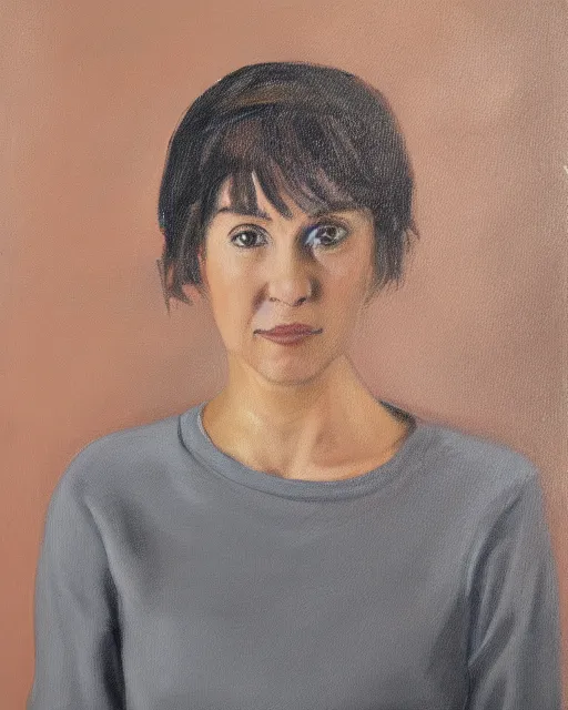Image similar to an oil painting portrait of a poised woman wearing grey sweatpants and a sweatshirt