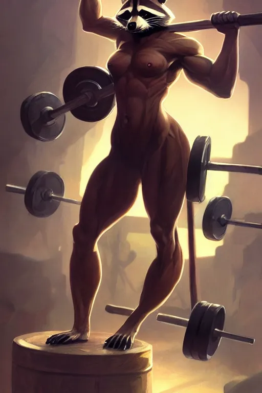 Image similar to anthro raccoon lifting weights, dim dingy gym, dynamic pose, fantasy, intricate, elegant, highly detailed, digital painting, artstation, concept art, matte, sharp focus, illustration, art by artgerm and greg rutkowski and alphonse mucha