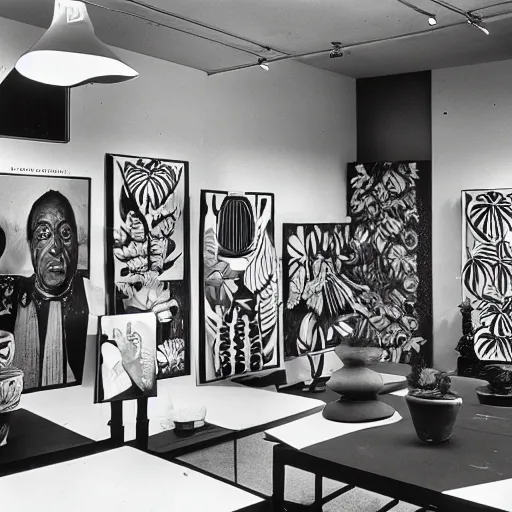 Image similar to A black and white photography of an exhibition space with works of Sun Ra, Marcel Duchamp and tropical plants, 60s, offset lithography print