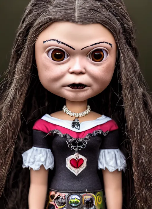 Prompt: closeup face profile portrait of tin toy greta thunberg as a gothic vampire, bikini, depth of field, zeiss lens, detailed, symmetrical, centered, fashion photoshoot, by nicoletta ceccoli, mark ryden, lostfish, breathtaking, 8 k resolution, extremely detailed, beautiful, establishing shot, artistic, hyperrealistic, octane render