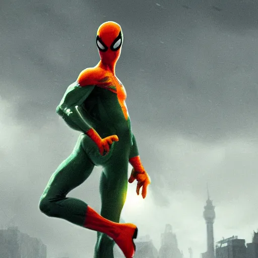 Image similar to moody atmospheric render of an orange and green spiderman by greg rutkowski and marc silvestri made with unreal engine