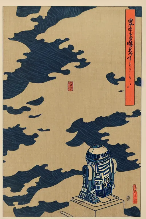 Image similar to Japanese woodblock print of r2d2, hokusai