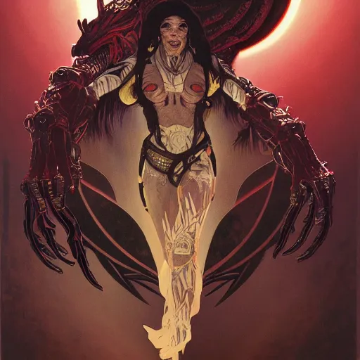 Image similar to ultra detailed vector image of predator yautja, concept art by alphonse mucha and greg rutkowski, scary shadows, blood moon eclipse, polaroid octane render, laminal space