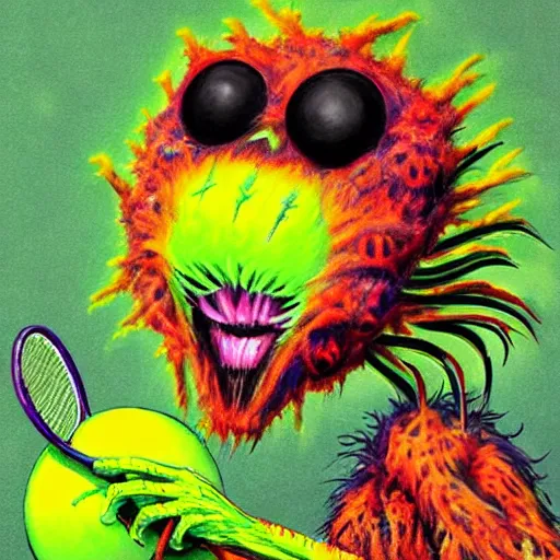 Image similar to a tennis ball monsters ,spider, colorful, digital art, fantasy, magic, trending on artstation, ultra detailed, professional illustration by Basil Gogos