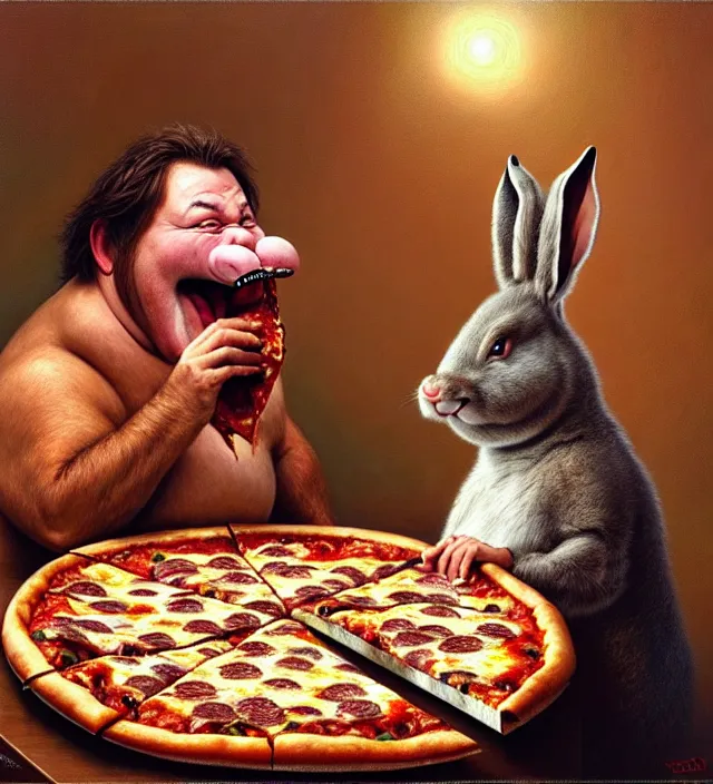 Image similar to hyper realistic derpy looking big chungus eating greasy pizza, pizza is everywhere, weird, strange, bizarre, surreal, epic composition, 2 0 0 mm focal length, painted by donato giancola, insanely quality, highly detailed, masterpiece, artstation, 4 k