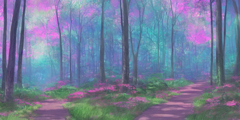 Image similar to path through a wide forest, modern contemporary, lanterns. pastel!! watercolor art, expansive cinematic view, volumetric shading, intricate and detailed, highly saturated colors. by madeon. breath of the wild style, by hayao miyazaki ghibli!!!. pink!! accents. trending on artstation. award winning