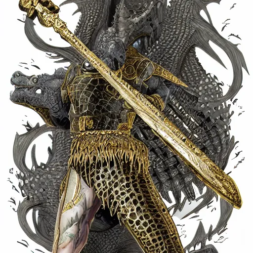 Prompt: Crocodile Warrior holding a giant golden sword wrapped in intricate detail, concept art