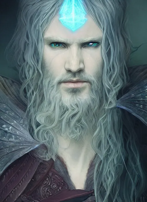 Prompt: Portrait of hexblade warlock aasimar, white glowing eyes, silver shaggy hair, short scruffy beard, cloak, teal ethereal tendril wings, male, fantasy, extremely detailed, digital painting, artstation, concept art, smooth, sharp focus, illustration, stunning lighting, art by artgerm and greg rutkowski and alphonse mucha and simon stalenhag, realistic character concept, high fantasy, light atmosphere, golden ratio, cinematic lighting, hyperdetailed, high resolution, insanely detailed and intricate, artstation, Marc Simonetti, Greg Rutkowski