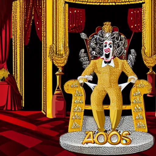 Image similar to cartoon of a shining majestic throne made of millions of diamonds, gold and zaphires with thousands of light reflections, and a clown on a tuxedo suit is sitting on the throne while handing a golden globe, dramatic light